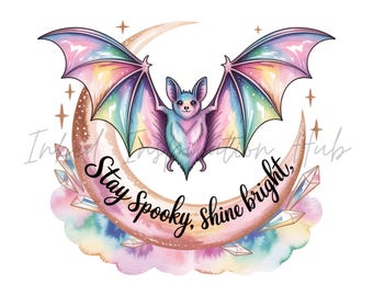 Iridescent Bat PNG Clipart: Pastel Halloween Crescent Moon Design (Digital Download