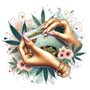 Cannabis Rolling PNG Floral Manikürte Hand Clipart 5PC Set Aquarell Sticker Design Digital Instant