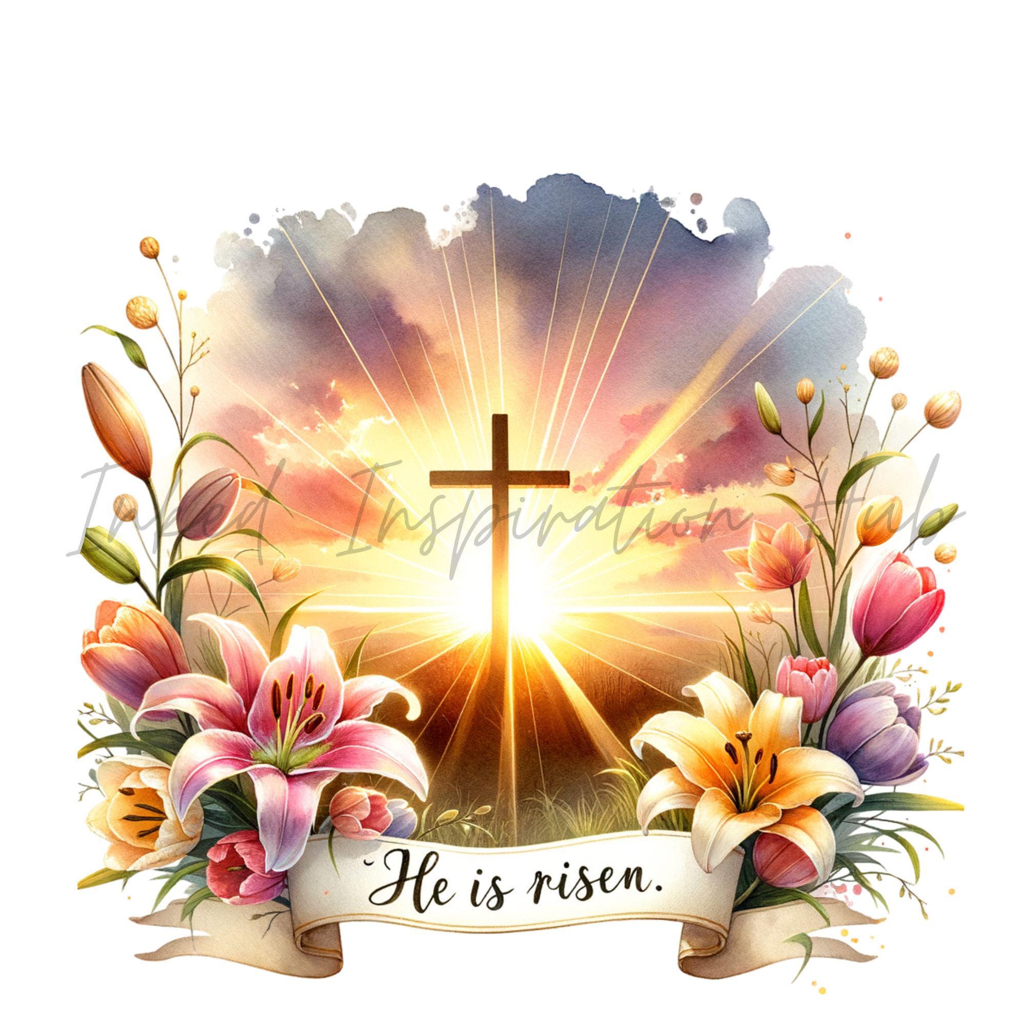 Scrapbooking Easter Sunrise PNG Pastel Christian Cross He is Risen