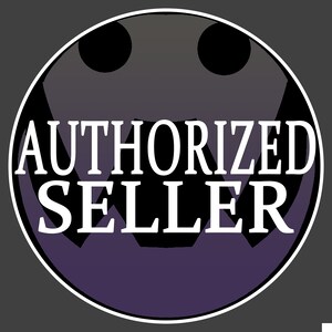 May include: Circular badge with the text "AUTHORIZED SELLER" in white, set against a dark purple and black background. The design features a stylized face with a wide grin and two eye shapes, within a white and grey border.