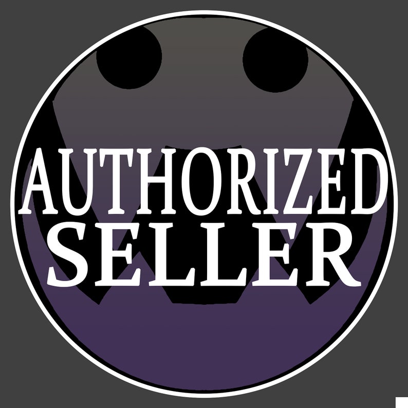May include: Circular badge with the text "AUTHORIZED SELLER" in white, set against a dark purple and black background. The design features a stylized face with a wide grin and two eye shapes, within a white and grey border.