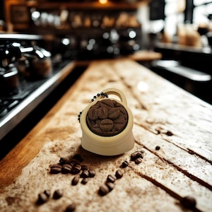 May include: A small, off-white bag-shaped item filled with dark brown coffee beans. The bag has a handle and a black chain. Scattered coffee beans are on the wooden surface. The background is a blurred coffee shop setting.