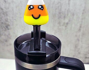 Cute Happy Candy Corn Stanley Straw Cover – Halloween Tumbler Accessory Charm to Keep Bugs & Debris Out | Fits 20oz 30oz 40oz Cups