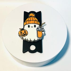 Ghost with Pumpkin and Tumbler Lid Topper for Stanley Tumblers – Cute Halloween Accessory for 30oz & 40oz Cups – Festive Tumbler Decor