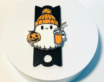 Ghost with Pumpkin and Tumbler Lid Topper for Stanley Tumblers – Cute Halloween Accessory for 30oz & 40oz Cups – Festive Tumbler Decor