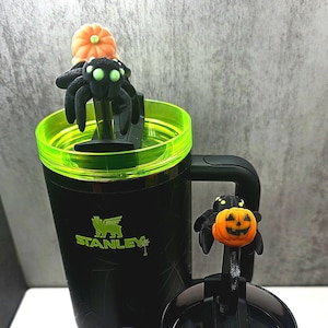 Cute Jack O Lantern Pumpkin Spider Stanley Straw Cover Flexible Body Custom Colors and Glow-in-the-Dark Option | Tumbler Accessory Charms