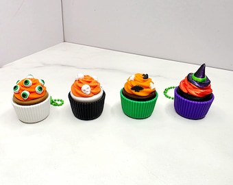 Spooky Halloween Cupcake Fidget Keychain Clicker Charms | Skull, Eyeball, Bat, Ghost & Witch Hat Toppings for Keys, Tumblers, Bags, and More