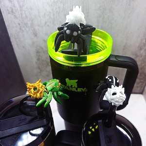 Cute Skull Spider Stanley Straw Cover – Flexible Body Skeleton Skull Custom Colors and Glow-in-the-Dark Option | Tumbler Accessory Charms