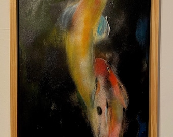 Origineel Japans schilderij van koikarpers, symbool van doorzettingsvermogen
