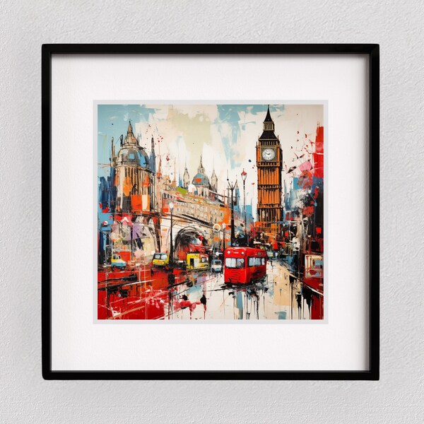 Big Ben & Double Decker Wall Art Poster Abstract Expressionism Wall-Art London Cityscape Contemporary UK Wall Art Tapestry