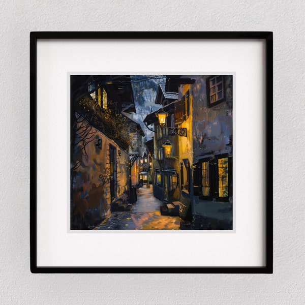 Wall Art Poster Modern Impressionism "Hallstatt Glow Lantern-Lit Serenity" Contemporary Wall-Art Tapestry