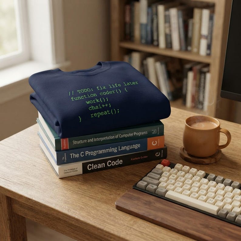Dark blue crewneck sweatshirt resting on a wooden desk next to a keyboard and coffee cup in a cozy home office.