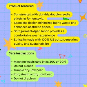 May include: A graphic with product features and care instructions on a blue grid background. The text highlights durable stitching, seamless design, soft fabric, and ethical cotton. Care instructions include machine wash cold (max 90F), no bleach, tumble dry low, and low heat ironing.