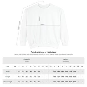 A white sweatshirt size chart detailing width, length, and sleeve length measurements in both inches and centimeters.