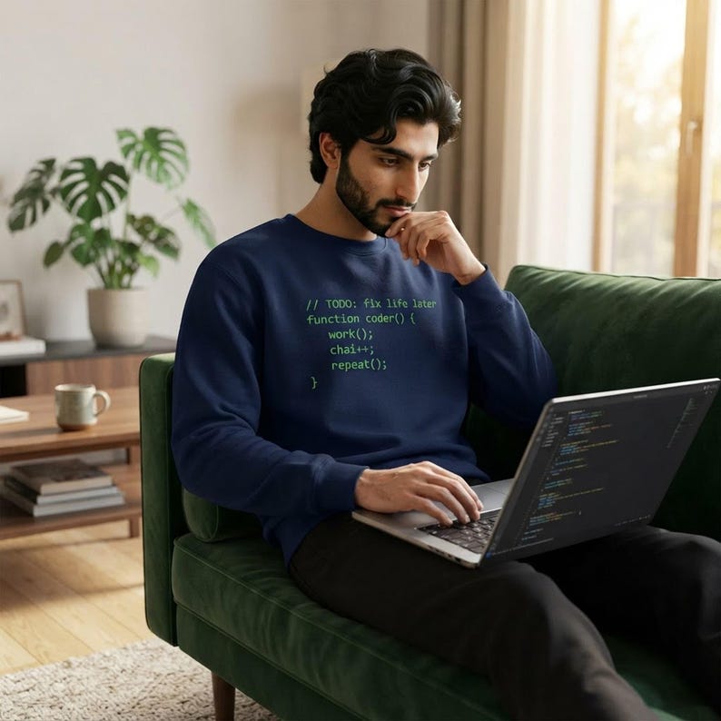 Person sitting on a couch wearing the dark blue coder crewneck sweatshirt while using a laptop.