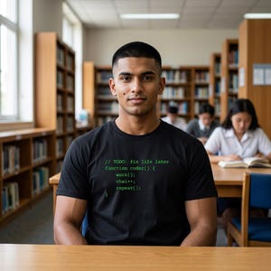 May include: A black short-sleeved t-shirt featuring green text that reads: // TODO: fix life later function coder() { work(); chai++; repeat(); }. The shirt has a crew neckline and is made of a solid black fabric with bright green printed code.