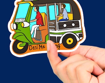 May include: A sticker featuring a cartoon auto-rickshaw in green, black, and brown, with two people inside. The sticker includes the text "HAPPY WIFE HAPPY LIFE" and "Desi Me". The auto-rickshaw has yellow wheels and a "HIRE" sign.