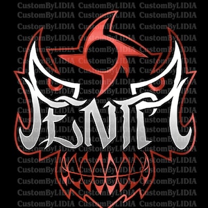 May include: A black and white graphic design of a stylized demon face with the word "SENTEL" in white letters. The demon has red eyes, a red mouth with sharp teeth, and a red star on its forehead.