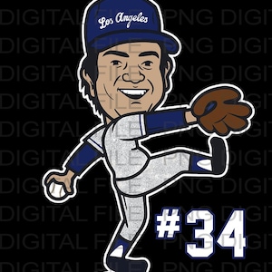 May include: A cartoon illustration of a baseball player wearing a blue and white baseball uniform with the words "Los Angeles" on his hat. He is throwing a baseball with his right hand and his left hand is holding a brown baseball glove. The player is wearing a white jersey with the number "34" on the front. The text "El Toro" is above the player and the text "Valenzuela" is below the player.