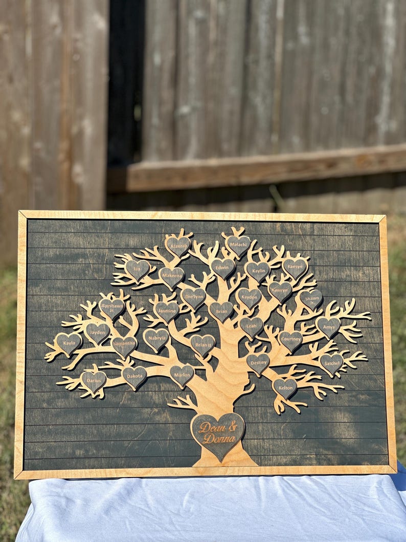 Personalized Wooden Family Tree Sign | Engraved Heart Names, Rustic ...