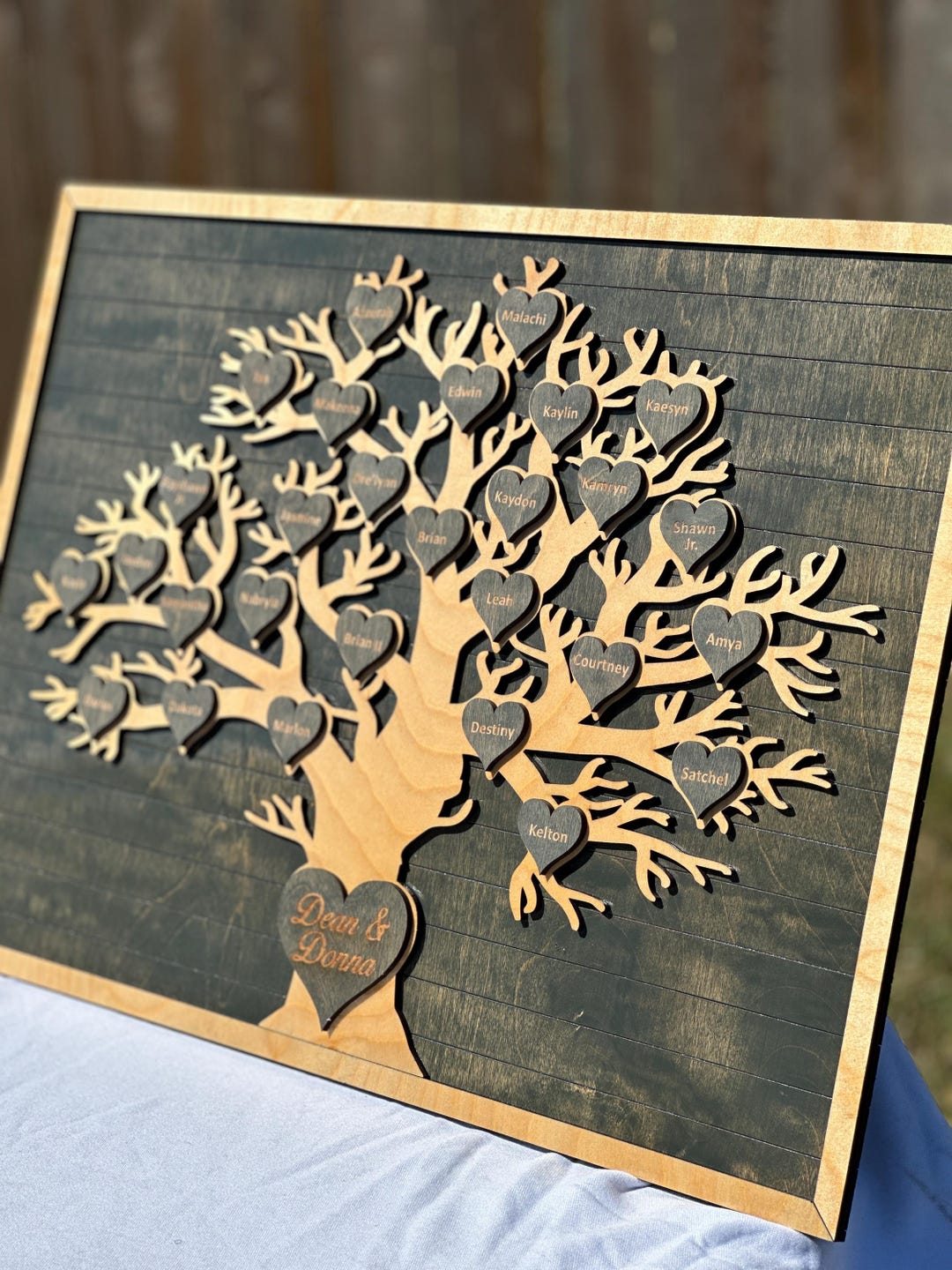Personalized Wooden Family Tree Sign | Engraved Heart Names, Rustic ...