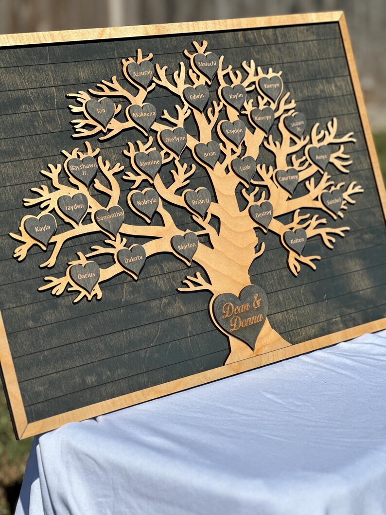 Personalized Wooden Family Tree Sign | Engraved Heart Names, Rustic ...