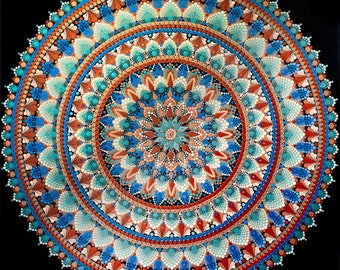 Azure Harmony: Sunset Orange and Blue Metallic Acrylic Dot Mandala on Canvas - A Meditative Artwork