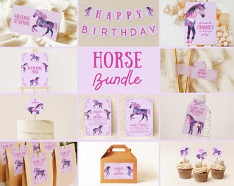 Paquete de caballos editables / Descarga digital instantánea / Set de cumpleaños para niñas / Plantilla Canva / Decoración de fiesta de ponis con impresión DIY / Decoración de cumpleaños de granja