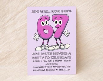 Invitación de cumpleaños Six Seven / Meme 67 / Descarga digital imprimible / Invitación de cumpleaños para niños / Plantilla Canva / Fiesta 7 / Seven / Dibujos animados rosas