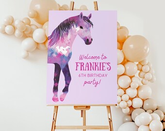Editable Horse Welcome Sign | Instant Digital Download | Children&#39;s Bday | Canva Template | Farm | Girls | Pony Birthday | Pony Party Poster