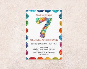 Invitación editable para séptimo cumpleaños / Descarga digital instantánea / Número siete / Invitación de género neutro / Plantilla Canva DIY / Fiesta infantil de séptimo cumpleaños