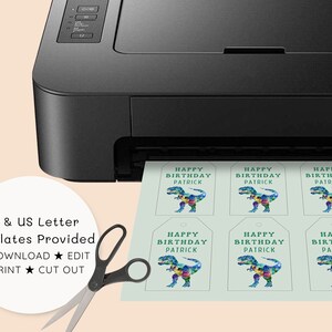 May include: Printable dinosaur birthday gift tags featuring a teal, green, and blue mosaic design. The tags read "Happy Birthday Patrick" and are ready to be printed and cut out.