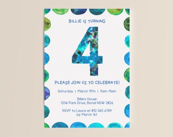 May include: A blue and green watercolor birthday invitation with a large number 4 in the center. The text reads "Billie is turning 4" and "Please join us to celebrate!" with details for the party.