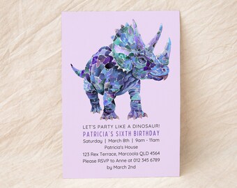 Triceratops Invite | Instant Digital Download | Girls Dino Birthday | Editable Bday Invitation | Party Like a Dinosaur | Canva Template
