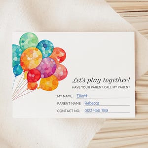 バルーン プレイデート カード | インスタント デジタル ダウンロード | 子供のキャッチアップ | 編集可能な Canva テンプレート | DIY 印刷可能 | 子供のホリデー コンタクト カード
