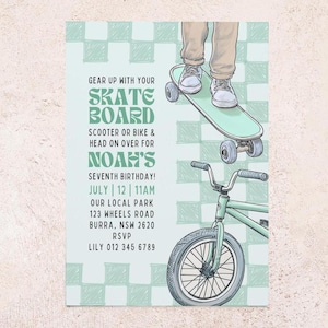 Bearbeitbares Skateboard-Fahrrad-Einladung | Kindergeburtstag | Sofortiger digitaler Download | Fahrrad-Bday einladen | DIY Canva Vorlage | Skate Park Event