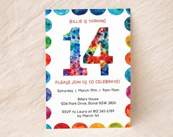 Invitación editable para 14.º cumpleaños / Descarga digital instantánea / Número 14 / Decimocuarto / Invitación de género neutro / Plantilla Canva / Fiesta de cumpleaños