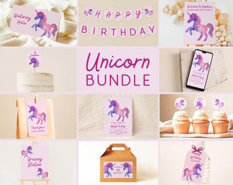 Paquete de fiesta de unicornio de acuarela editable / Descarga digital / Set de cumpleaños para niñas / Plantilla Canva / Paquete de fiesta para imprimir / Decoraciones de cumpleaños DIY