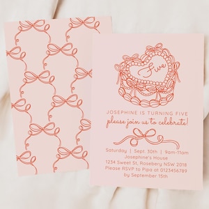 May include: Pink invitation with a red illustration of a heart-shaped cake with the word "Five" written on it. The text reads "Josephine is turning five, please join us to celebrate! Saturday, Sept. 30th, 9am-11am, Josephine's House, 1234 Sweet St, Rosebery NSW 2018, Please RSVP to Pipa at 0123456789 by September 15th."