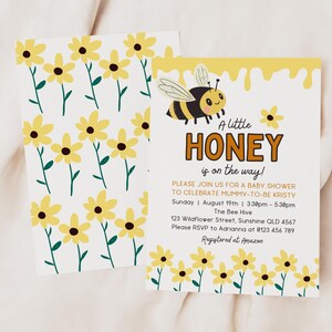 Edytowalne zaproszenie na baby shower | Little Honey | Natychmiastowe pobranie cyfrowe | Zaproszenie na pszczołę | Szablon Canva DIY | Kwiatowy | Uroczystość ciąży