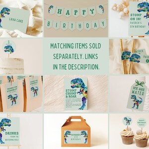 May include: Dinosaur party decorations featuring a green and blue watercolour dinosaur design. The set includes a banner, cupcake toppers, favour bags, drink flags, and a cake topper. The banner reads "Happy Birthday". The favour bags read "Thanks for stomping by". The drink flags read "Patrick". The cake topper reads "6 Patrick". The cupcake toppers read "Happy Birthday Patrick".