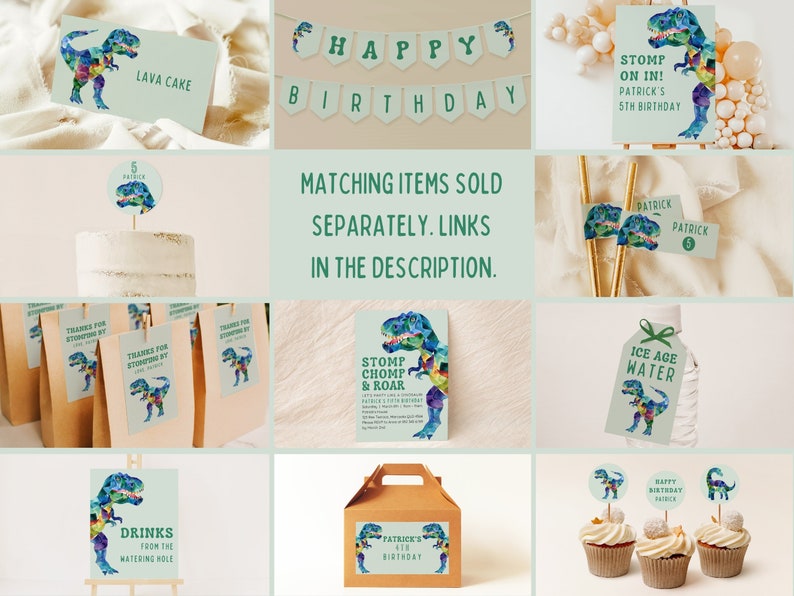 May include: Dinosaur party decorations featuring a green and blue watercolour dinosaur design. The set includes a banner, cupcake toppers, favour bags, drink flags, and a cake topper. The banner reads "Happy Birthday". The favour bags read "Thanks for stomping by". The drink flags read "Patrick". The cake topper reads "6 Patrick". The cupcake toppers read "Happy Birthday Patrick".