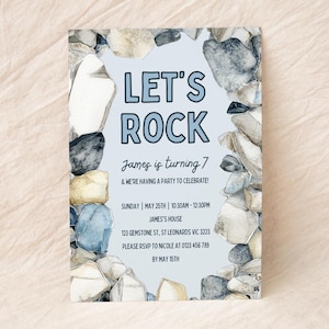 May include: A blue and white invitation with a rock theme. The invitation says "Let's Rock" and "James is turning 7". The invitation includes the date, time, and location of the party.