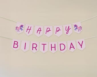 Banner de unicornio editable / Plantilla de banderín / Descarga digital / Decoración de cumpleaños para niñas / Canva / Letrero de feliz cumpleaños / Bandera de fiesta / Imprimible DIY