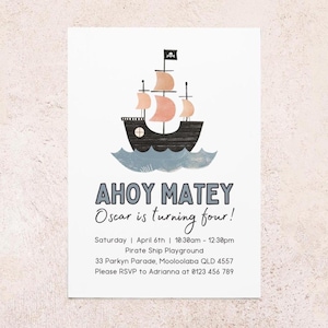 Invitación pirata editable / Fiesta de cumpleaños infantil / Descarga digital instantánea / Invitación de cumpleaños "Ahoy Matey" / Plantilla de Canva / Barco pirata