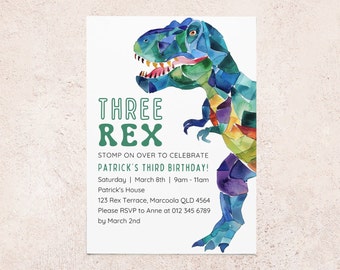 Three Rex Invitation | Instant Digital Download | Third Birthday | Editable Invite | T-Rex Dinosaur Party | 3rd Bday Party | Canva Template