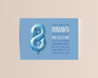 May include: A light blue birthday invitation featuring a large, shiny blue number eight balloon. The invitation includes the text "PLEASE JOIN US FOR JULIAN'S 8TH BIRTHDAY PARTY" and event details.