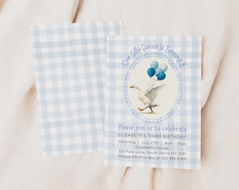 Invitación editable de Nuestro Ganso Tonto / Invitación electrónica para fiesta de cumpleaños / Descarga digital / Cuadros azules / Plantilla Canva / Invitación para niños / Imprimible DIY