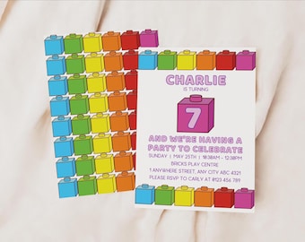 Invitación editable con bloques rosas de construcción / Cumpleaños infantil / Descarga digital instantánea / Construir / Bloques / Invitación de cumpleaños para niñas / Plantilla Canva DIY