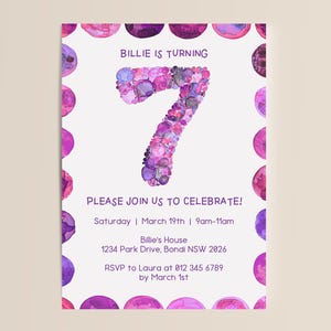 Editable 7th Birthday Invitation | Instant Digital Download | Purple Number 7 | Seven | Girls Invite | Canva Template | Seventh Bday Party